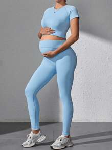 SHEIN Pregnant Women Plain Color Short Sleeve T-Shirt And Leggings Sports Suit - Baby Blue - View 2