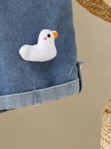 SHEIN Playful Pals 2pcs Baby Girl Simple White T-Shirt + 3D Cartoon Duck Decor Strap Denim Shorts, Cute Versatile Comfortable Elastic Waist Rolled Hem Leg Design Summer Outfit Duck Toddler Clothes Girl Toddler Overall Dress