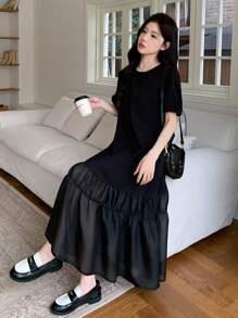 DAZY Women's Casual Patchwork Hem Long Dress For Summer,Ruffle - Black - View 2