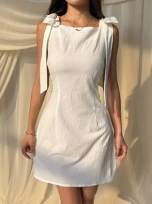 SHEIN EZwear 女式无袖纯色连衣裙，肩部饰有蝴蝶结，夏季 - 白色 - 查看 7