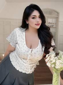 Dazy Plus Allover Ditsy Floral Print Tie Front Round Neck Short Sleeve Cropped Summer T-Shirt, Cute Top For Women - Apricot - View 5