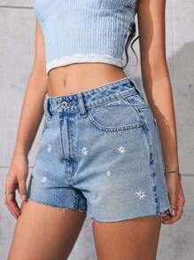 SHEIN EZwear Women Daisy Embroidery Frayed Hem Denim Shorts, Summer Casual