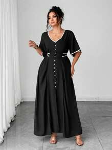 Elenzga Plus Size Women V-Neck Ruffle Sleeve Bowknot Back Bodycon Elegant Dress, Summer Outfit - Black and White - View 3