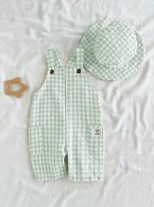 Vintaside Kids Baby Boys' Spring/Summer Plaid Overalls Shorts In White & Green, With Matching Accessories Hat, Fashionable & Versatile For Outdoor Play, Home Leisure, Daily Sports - Green - View 1