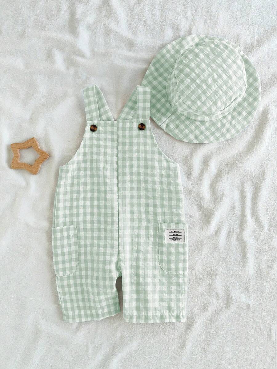 Vintaside Kids Baby Boys' Spring/Summer Plaid Overalls Shorts In White & Green, With Matching Accessories Hat, Fashionable & Versatile For Outdoor Play, Home Leisure, Daily Sports - Green - View 1