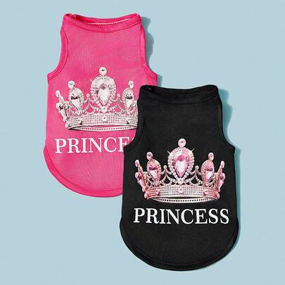PETSIN 2pcs Princess Style Diamond Crown & English Text Print Breathable Cool Dog/Cat Vest/Top, Suitable For Pets