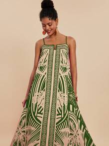 Travachic Vestido de tirantes sueltos con estampado de palmeras para mujer, ideal para vacaciones - Verde - Ver 5