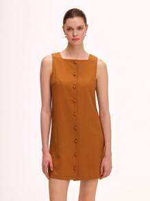 Chiquease 女士优雅简约休闲舒适纯色方领纽扣前短款连体裤连衣裙 - 銅色 - 查看 3