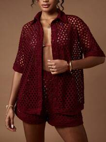 MISSGUIDED Crochet Shirt And Shorts Two Piece Co Ord Beach Set - Redwood - View 7