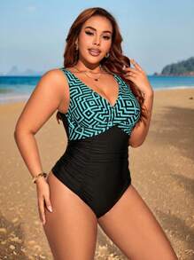 Jednoczęściowy kostium kąpielowy z marszczeniami i geometrycznym nadrukiem w dużych rozmiarach dla kobiet