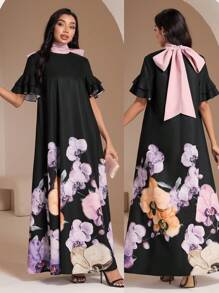 Al Najma Women's Floral Print Round Neck Ruffle Sleeve Elegant Arabian Style Maxi Dress - Multicolor - View 1