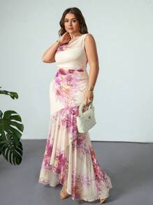 Firerie Plus Size Women Floral Print Adjustable Spaghetti Strap Ruffle Hem Vacation Dress, Pink, Sundress Clothes Women Summer Clothing Women Dresses Birthday Women Clothes Women Summer Sets, Summer Dresses For Women - Apricot - View 5