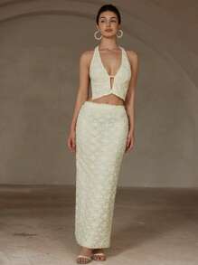 GENKIRA 2 件套女士套装：纹理无袖系带上衣和修身中长裙 - 米色 - 查看 4