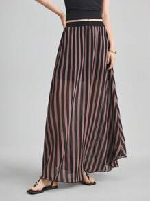 Ontre Falda larga de mujer de verano con rayas verticales contrastadas y transparente - Multicolor - Ver 3