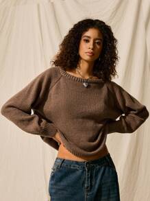 SHEIN EZwear Suéter casual de manga raglán color caqui sólido, suéter con hombros descubiertos para otoño/invierno - Caqui - Ver 3