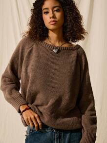 SHEIN EZwear Suéter casual de manga raglán color caqui sólido, suéter con hombros descubiertos para otoño/invierno - Caqui - Ver 4