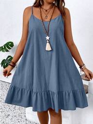 EMERY ROSE Plus Size Women's Solid Color Ruffle Hem Cami Dress, Summer