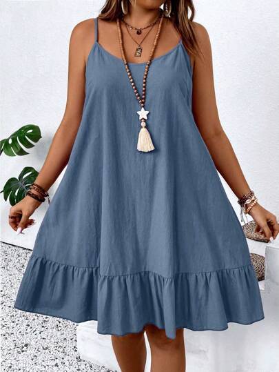 EMERY ROSE Vestido Regata com Babado na Barra para Mulheres Plus Size, Cor Sólida, Verão