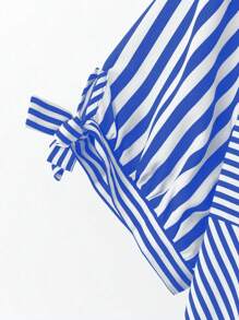 Linhara Vestido de mujer talla grande elegante para commuting, de estilo casual, vintage y de resort, con diseño versátil de estampado de flores y rayas, cuello redondo, mangas cortas con nudo, bajo con diseño en W, en color negro y blanco, para primavera/verano/otoño