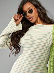 MISSGUIDED Đầm mini cổ thuyền tay chuông họa tiết sọc phong cách retro mùa xuân hè mùa hè ngày lễ Giáng sinh - màu xanh lá - Xem 4