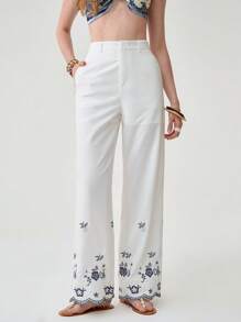 Florisole Women's White Woven Fabric Long Casual Pants With Embroidered Floral Hem Detail And Zipper Closure Fall Cloth For Women - White - View 3