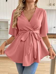 SHEIN V-Neck Blouse With Ruffle Hem And Belt For Maternity