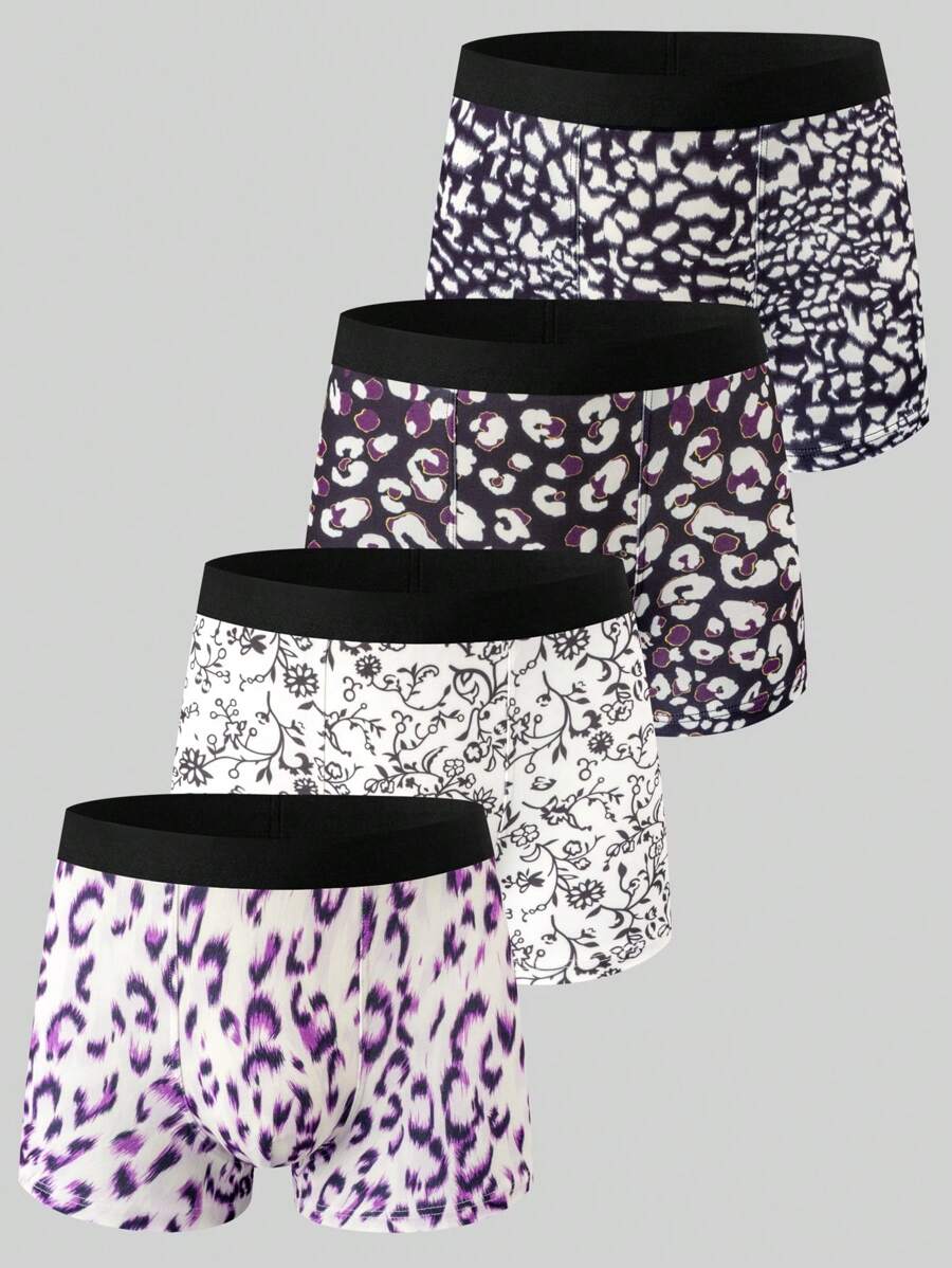 4pcs/Pack Men's Digital Printing Small Floral Boxer Briefs - Multicolor - View 1