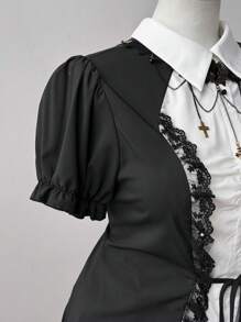 Sunspun Plus Size Plain Short Sleeve Shirt, Fashionable For Summer - Black and White - View 4