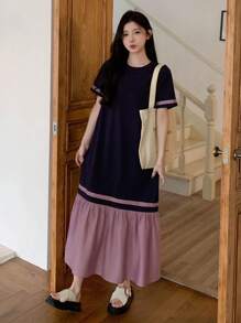 DAZY 女士夏季休闲拼色拼接长款连衣裙，教师装 - 藏蓝色 - 查看 5