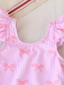 SHEIN Baby Girl Cute Bow Pattern Printed Double Layer Ruffle One-Piece Swimsuit, Pink Striped,Perfect For Summer Beach Vacations