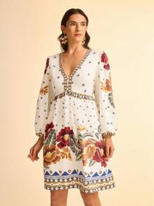 CAJUNI Women's Floral & Polka Dot Retro Print V-Neck Long Sleeve A-Line Mini Vacation Dress - Multicolor - View 8