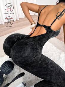 Easithlete 1 pieza Mono de punto con tirantes retorcidos y escote redondo efecto lavado mate para mujer - Negro - Ver 1