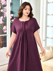 Lacomfia Đầm dài tay ngắn giản dị cỡ lớn cho nữ - Màu Hồng Tươi - Xem 3