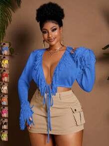 Maweii Áo khoác cardigan tua rua dài tay cỡ lớn cho nữ, đi chơi mùa xuân hè, đi biển - Màu xanh lam - Xem 1