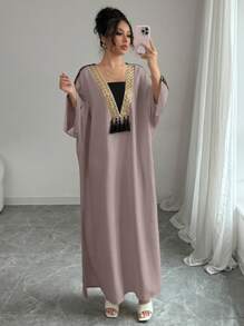 Rafferiza 女式超大金色蕾丝边拼布连衣裙 - 咖啡 - 查看 1