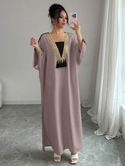 Rafferiza Women's Oversized Gold Lace Trim & Patchwork Dress