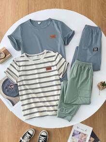 SHEIN 4 件套青少年男童休闲条纹狼印花圆领短袖 T 恤和裤子套装，适合通勤、上学、日常休闲和运动装，春夏季