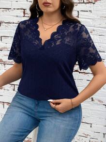 SHEIN Clasi Plus Size Solid Color Camisole And Tank Top, Fashionable For Summer Lace - Navy Blue - View 7