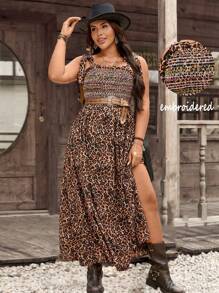 LanaWest Plus Size Leopard Print Knotted Casual Vacation Cami Dress