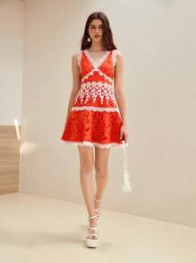 MOTF STUDIO CONTRAST LACE A-LINE MINI DRESS - Orange - View 1