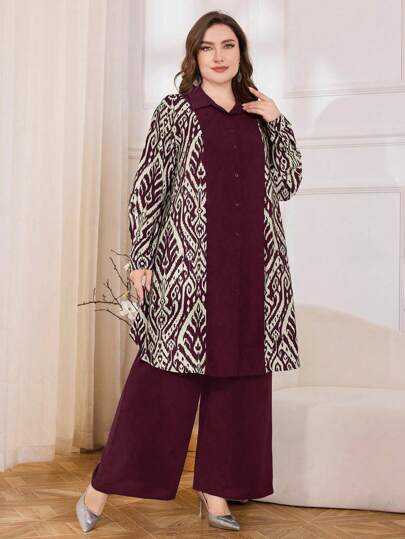 Lacomfia Random Floral Pattern Patchwork Elegant Vintage Plus Size 2 Pieces Set Fall Cloth For Women