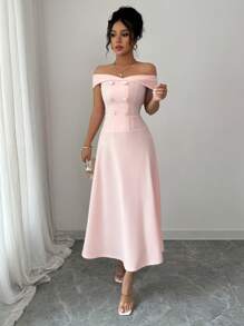 Elenzga 1pc Women's Off-Shoulder Waist Cinching A-Line Elegant Romantic Commuting Dress - Coral Pink - View 1