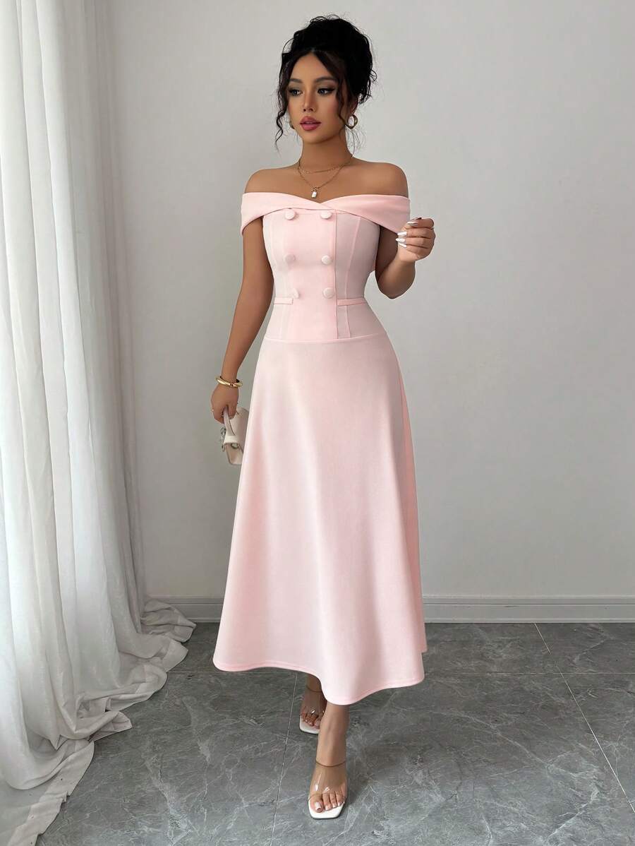 Elenzga 1pc Women's Off-Shoulder Waist Cinching A-Line Elegant Romantic Commuting Dress - Coral Pink - View 1