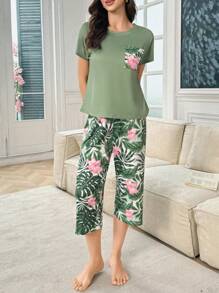 SHEIN Set de pijamale casual cu mânecă scurtă și pantaloni Capri cu buzunare contrastante pentru femei, pantaloni de pijama, set de pijama scurt pentru femei, seturi de noapte casual pentru femei - Multicolor - Vizualizare 4