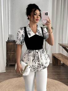 Selianne 女士春夏精致优雅拼色拼接方领褶皱腰印花短袖衬衫，适合休闲日常生活、旅行、海滩、音乐节、通勤 - 彩色 - 查看 4