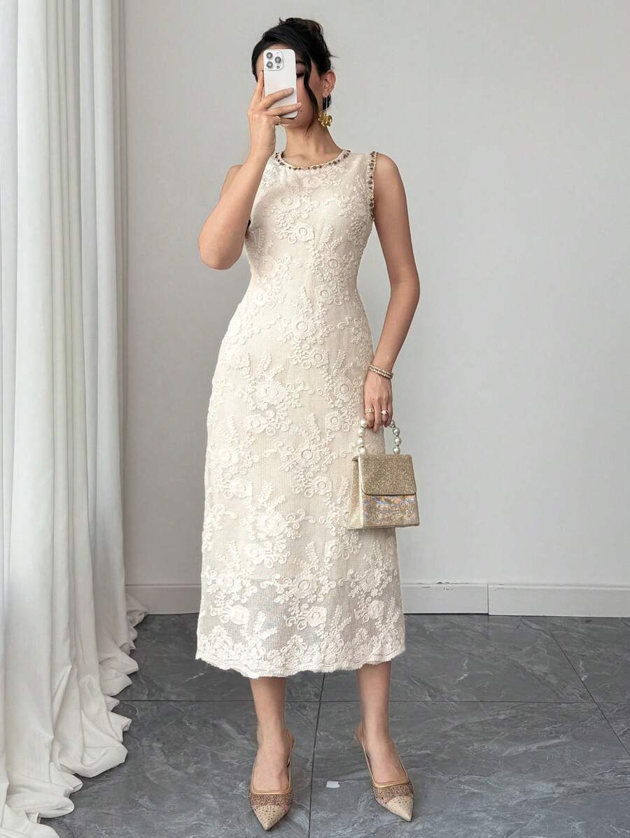 DAZY Ladies Lace Crew Neck Sleeveless Mid-Calf Dress,Formal Women Dresses Maxi Dress - Beige - View 1