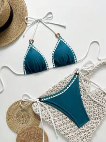 SHEIN Đồ bơi viền vỏ sò màu xanh quân đội dành cho nữ - Màu xanh lam - Xem 6