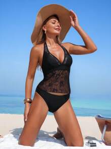 Swim Lushoire 2pcs Solid Color Lace Patchwork Women Tank Top And Bikini Set For Summer Beach Vacation - Black - View 5