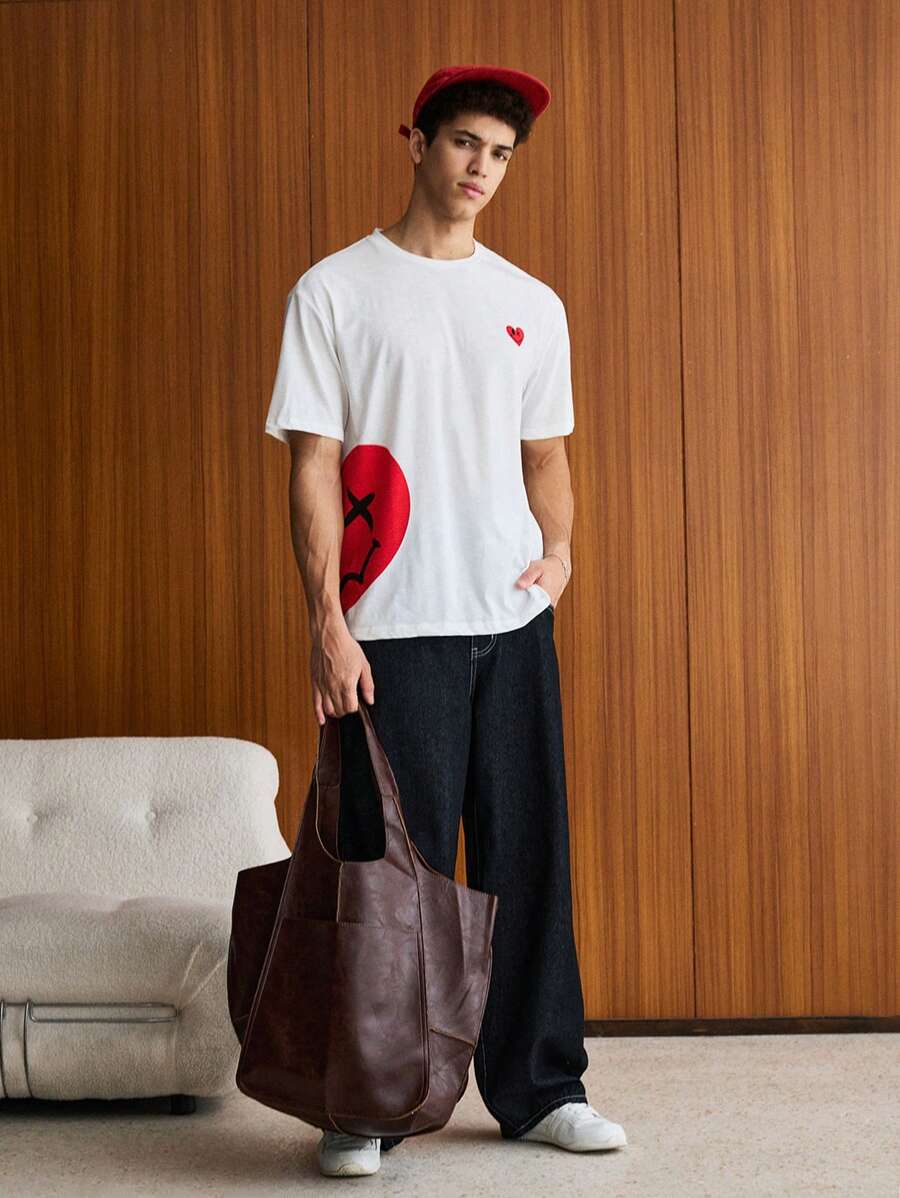 Manfinity VCAY Loose Fit Men's Heart Print Round Neck Casual T-Shirt - White - View 1