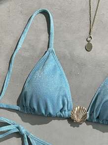 Swim Vcay Women's Sequin Fabric Halter Necklace With Shell Pendant Sexy Bikini Set For Summer Beach Vacation